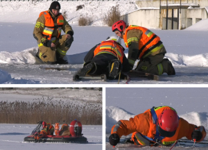 Ćwiczenia z zakresu ratownictwa lodowego na zbiorniku w Bobrze Wielkiej