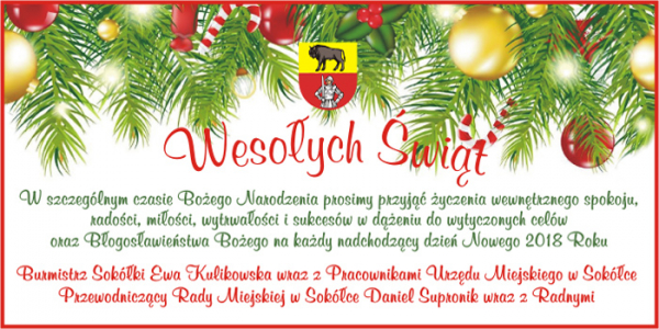 Życzenia Świąteczne od Burmistrz Sokółki i Przewodniczącego Rady Miejskiej w Sokółce